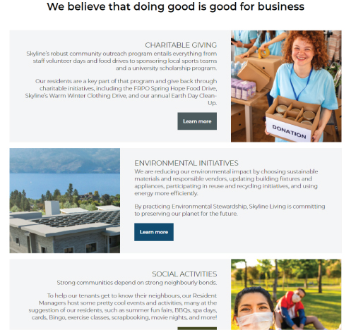Screenshot of Skyline Living Our Story Page, displaying what Charitable Giving we’re involved in, our Environmental Initiatives, or the Social Activities that we offer to our tenants 