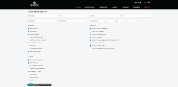 Screenshot of Skyline Living Home Page with the Advanced Search drop-down menu, identifying the Search button that you click once you have correctly filled in the criteria required for your Advanced Search