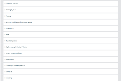 Screenshot of Skyline Living Residents’ FAQ Page, displaying the categories of the FAQ database. If you do not want to search using the search bar, you can browse the categories 