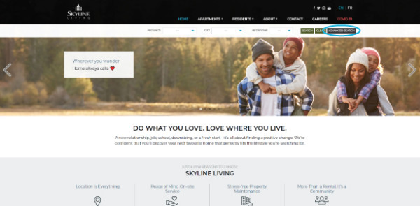 Screenshot of Skyline Living Apartment Listing Page that will show you your search results