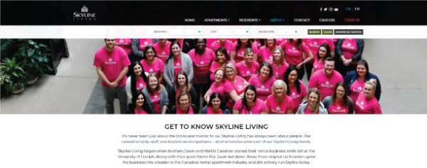 Screenshot of Skyline Living About Page, with the header and message explaining a bit about the company 