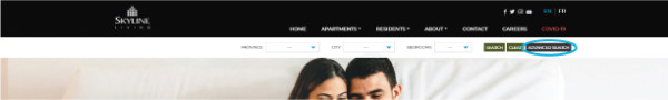 Screenshot of Skyline Living Rental Process Page, indicating the top right bar with the Advanced Search button that you can click to further filter your apartment search