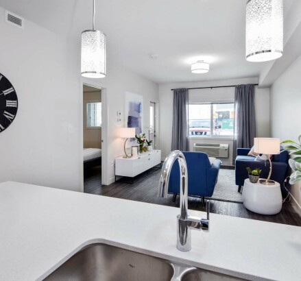 3635 Carrington Road 1 Bedroom Model Suite Kitchen Living Room